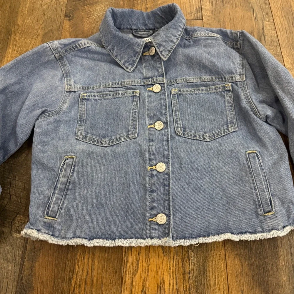 Old Navy Girls Light Wash Patchwork Flower Denim Jacket Size L 10-12 Frayed Hem